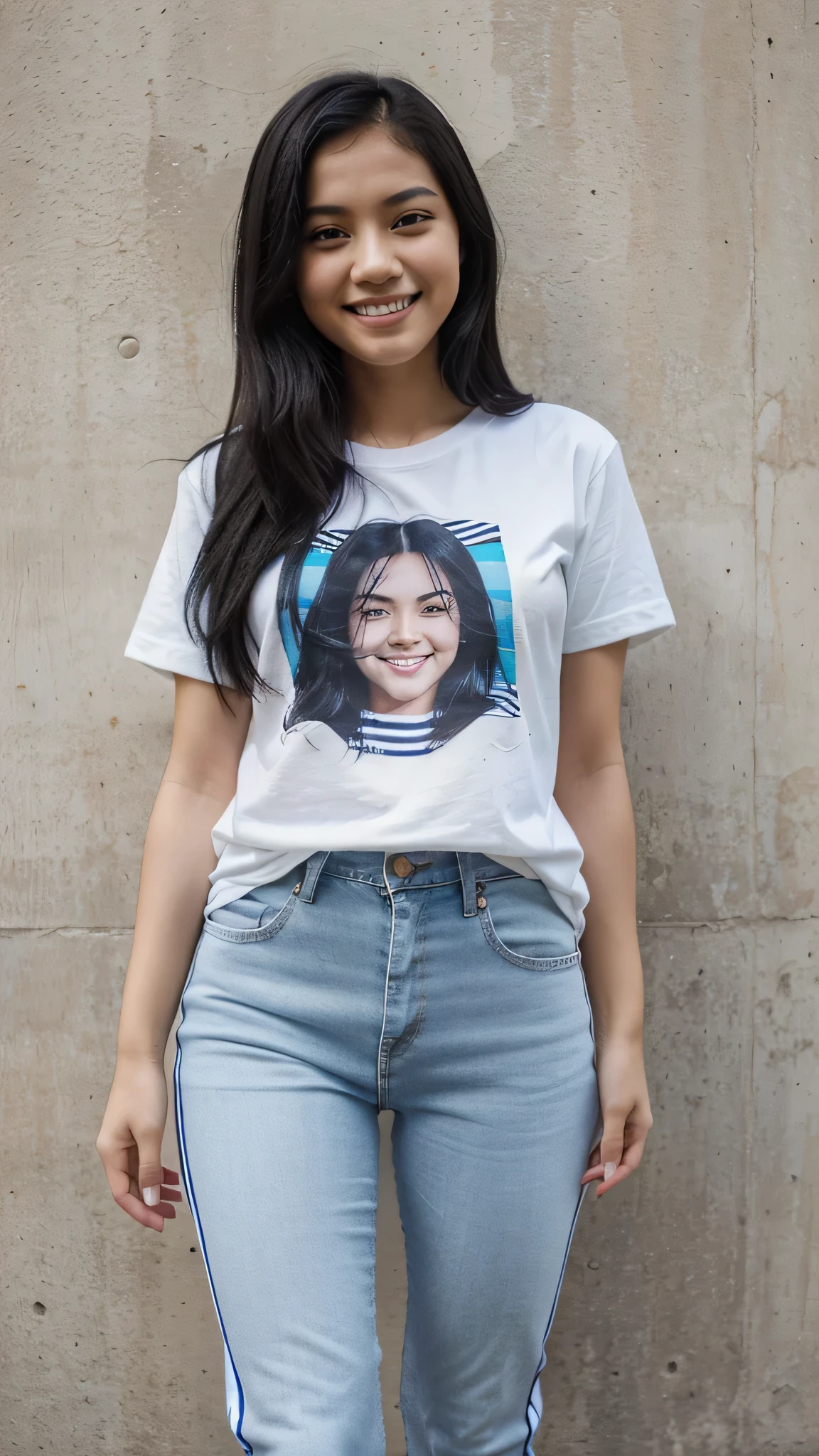 22 years old, girl, white stripes t-shirt, blue skinny jeans, black hair, indonesian girl, smile, with sneaker, university