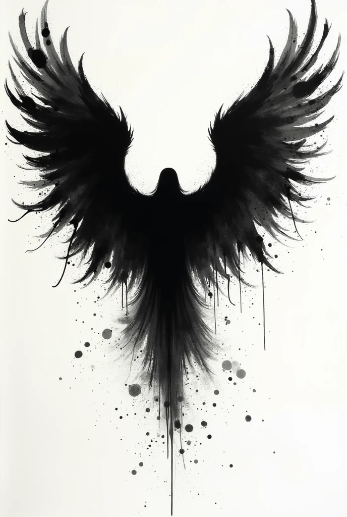 Splattered black ink,flawless,clean,Behind an angel are huge angel wings, Meticulous brush,Freehand splash ink,xuer Ancient style ink,