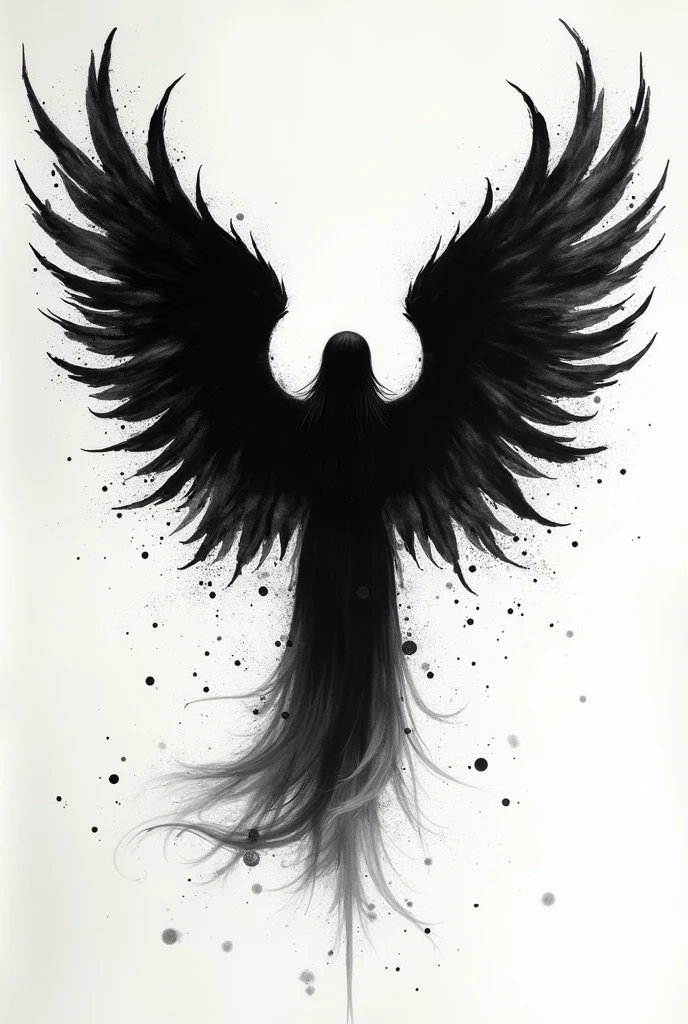 Splattered black ink,flawless,clean,Behind an angel are huge angel wings, Meticulous brush,Freehand splash ink,xuer Ancient style ink,