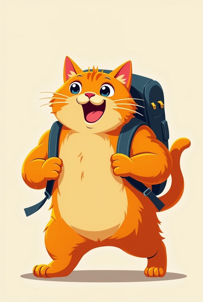 an orange cat ,bem fortao ,full of muscles ,with a backpack on your back,the kitten must be very happy!