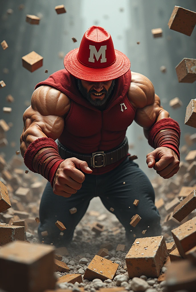 Red hat hero man with M in hat breaks blocks with bare hands
