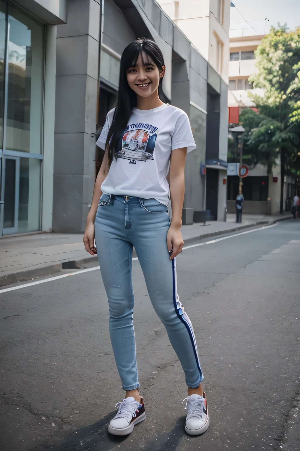 22 years old, girl, white stripes t-shirt, blue skinny jeans, black hair, indonesian girl, smile, with sneaker, university、Full body photo