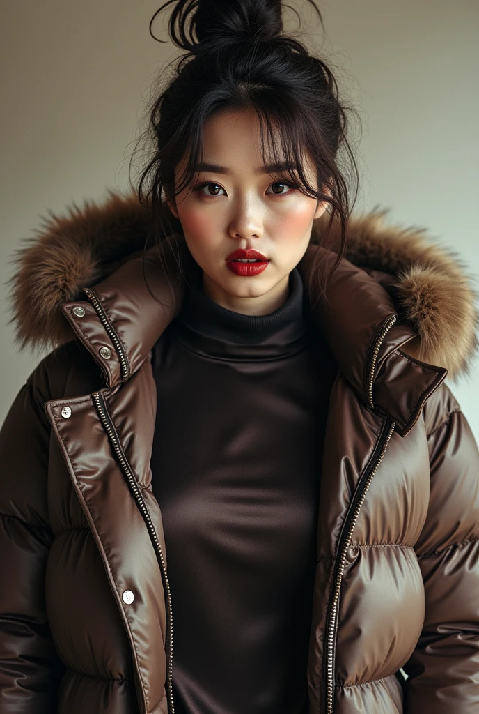 chubby Chinese woman, messy brown hair, heavy makeup, dark red lipstick, big pouting lips, wearing a very large tight shiny ) puffer coat, thick eyebrows, photorealistic, masterpiece, moncler, fluffy fur hood, attitude on her face, hair tied on top, large breasts, silk blouse, open coat,