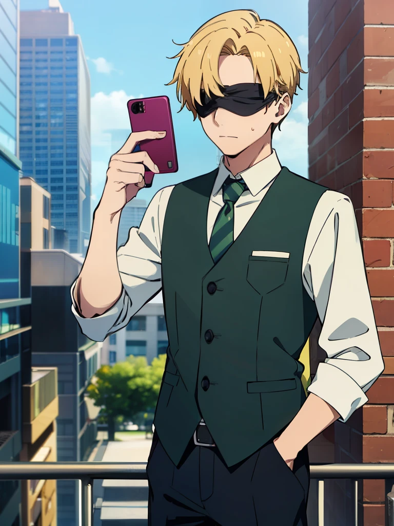 1boy, blind fold, blonde, green vest, villain, tie, handphone, city, calling