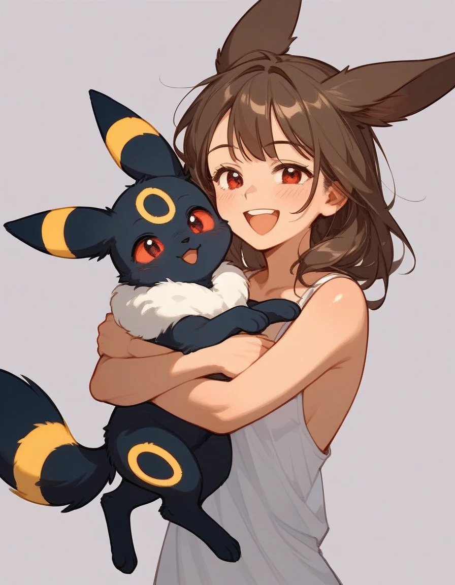 score_9,score_8_up,score_7_up, feral umbreon, happy, carried in arms of a human.