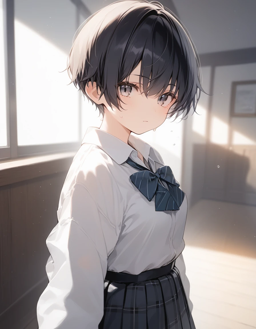 score_9, score_8_up, score_7_up, source_anime, best quality, masterpiece, official art, absurdres, highres, ultra-detailed,waifu2x,JAV Cover,break,1girl, tomboy, idol girl, school uniform, very short hair, pixie cut, small breasts, slender, beautiful detailed eyes,  expressionless, sweat, sleepily, (disgust:0.3), sexual appeal, pov, indoors, break,(clear line illustration:1.2), super detailed skin, shiny skin, very high resolution, very aesthetic, Best sexual lighting powered by famous artist, 4k, 8k, 16k, cute picture, beauty illustration,photoshop_(medium),,(Detailed Lighting),best anime 8k konachan wallpaper, pixiv contest winner, 