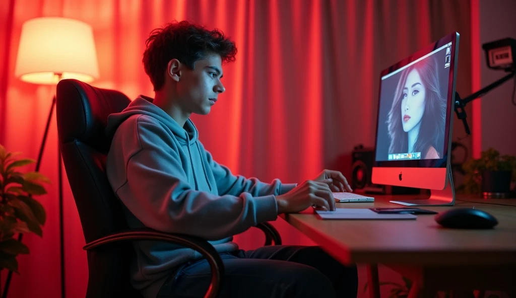 A 30-year-old boy sits on a chair in a YouTube studio.To his right is a computer on a table.reaction video by