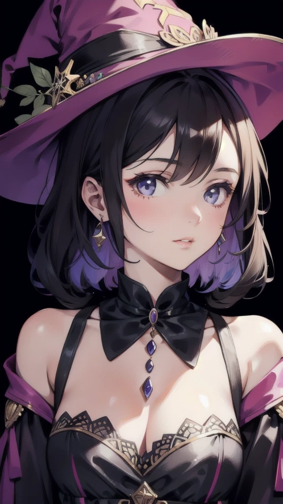 Beautiful detailed portrait of a young female magician，Wearing a witch&#39;s hat，Standing against the background of the night sky，非常详细和lifelike，masterpiece，Highest quality，4K，8k，high resolution，Ultra Detail，lifelike，Clear focus，Physically Based Rendering，Vivid colors，Studio Lighting，major，Porcelain skin，Perfect facial features，Elegant long legs，Stylish short hair，Charming eyes，Charming expression，White Armor，Sexy bikini，cloud，Babbling water，chain，Tattoo，Lace，nude