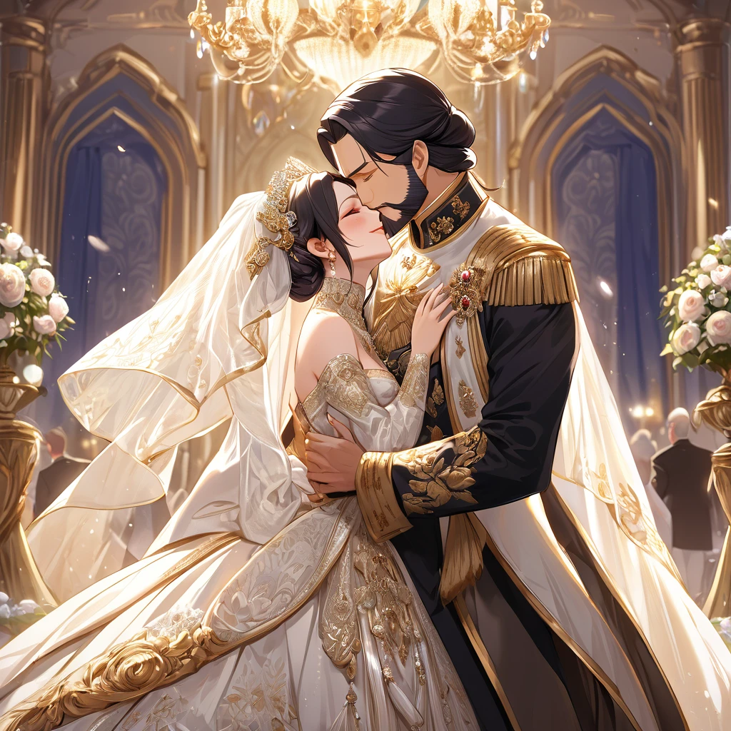 ((Highest quality)), ((masterpiece)), (detailed), （Perfect Face）、The woman is Shinobu Kocho, a Russian with black hair with purple gradient ends, tied in a bob hairstyle, an elegant, graceful and beautiful Russian noblewoman, and the Empress of the Great Russian Empire.、The woman is beautifully dressed in a gorgeous, glittering gold wedding dress and wedding veil of the ancient Russian court dress worn by an ancient Russian empress, as well as luxurious accessories and a kokoshnik.、The woman is standing next to a great, dignified, bearded old Russian emperor at a grand wedding.、The woman is embraced by the great Russian emperor in a luxurious palace, they fall in love, kiss each other, and get married.、The woman is embracing the great old Russian emperor, kissing him, making love to him, and looking happy and close to him, the elderly emperor and the beautiful young empress.