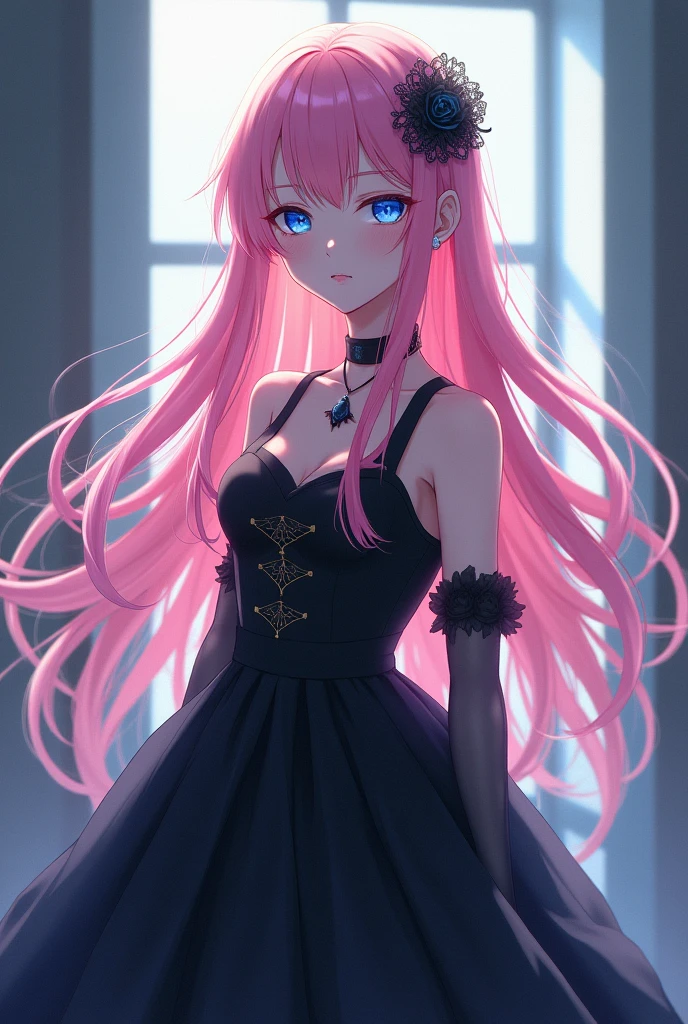 Ultra-high resolution, Clear face, (Reality: 1.4), perfect lighting,(photorealistic), anime wallpaper, Guviz style artwork, fantasy to magic cover, beautiful artwork illustration, beautiful digital artwork, beautiful digital illustration , beautiful portraits, illustrations, delicate and beautiful, highly detailed, fine details, official art, highly detailed unity 8k CG wallpapers, highly detailed, high resolution, highly detailed, highly detailed eyes and faces, beautifully detailed eyes, cinematic lighting,1girl, solo, pink hair, hair ornament, blue eyes, black dress, standing, full body, indoor, simpel blackground, (watermark Mr,x),