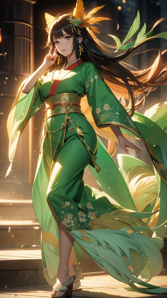 best quality,masterpiece,Ultra-high resolution,(truthfully:1:0),Antique dance ,Nine-tailed Fox Girl,long hair shawl,Wearing a Japanese kimono(Green),There is a big feather fan behind