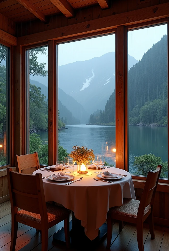 A dining room with a view of a river and a mountain landscape with wooden furniture, romantic with a fireplace and two huge windows to make a bigger picture, that the dining room can be seen more and with more romantic and cabin-like furniture on a rainy day 

