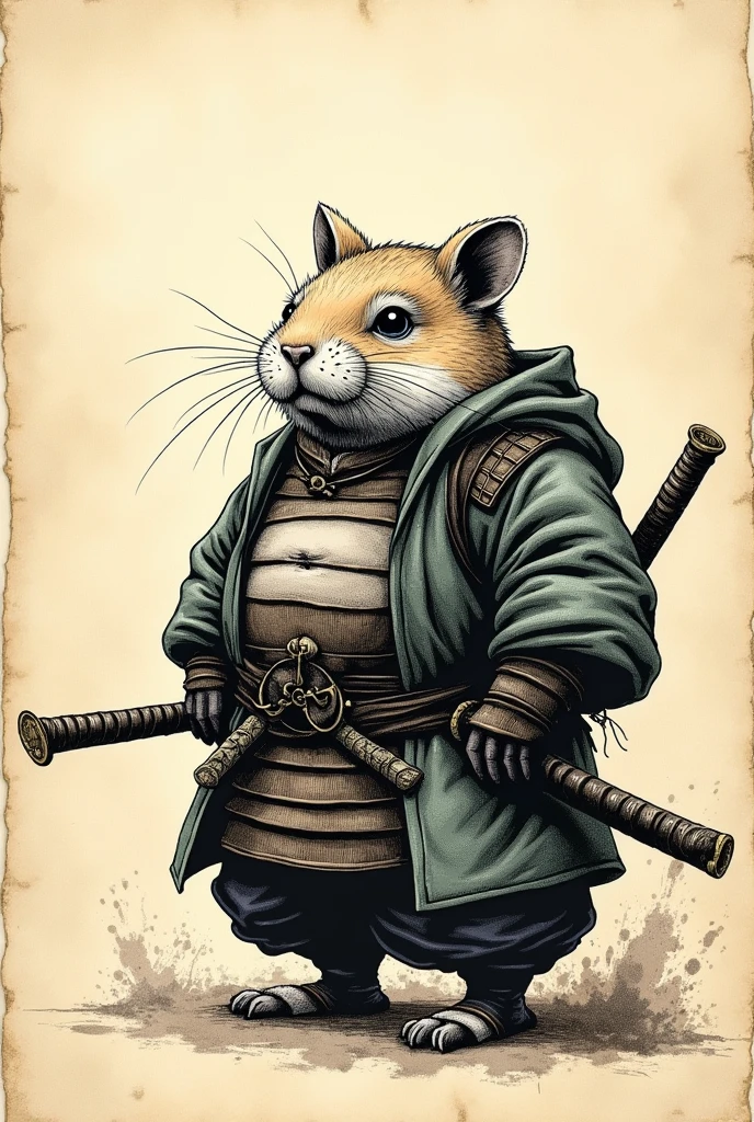 old book style ink illustration, on parchment, ink splashes, ink stains, ink smears, faded ink, samurai chubby Dzungarian hamster, katana, coat, pantless, linquivera, on parchment