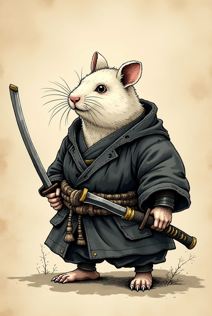 old book style ink illustration, on parchment, ink splashes, ink stains, ink smears, faded ink, samurai chubby Dzungarian hamster, katana, coat, pantless, linquivera, on parchment