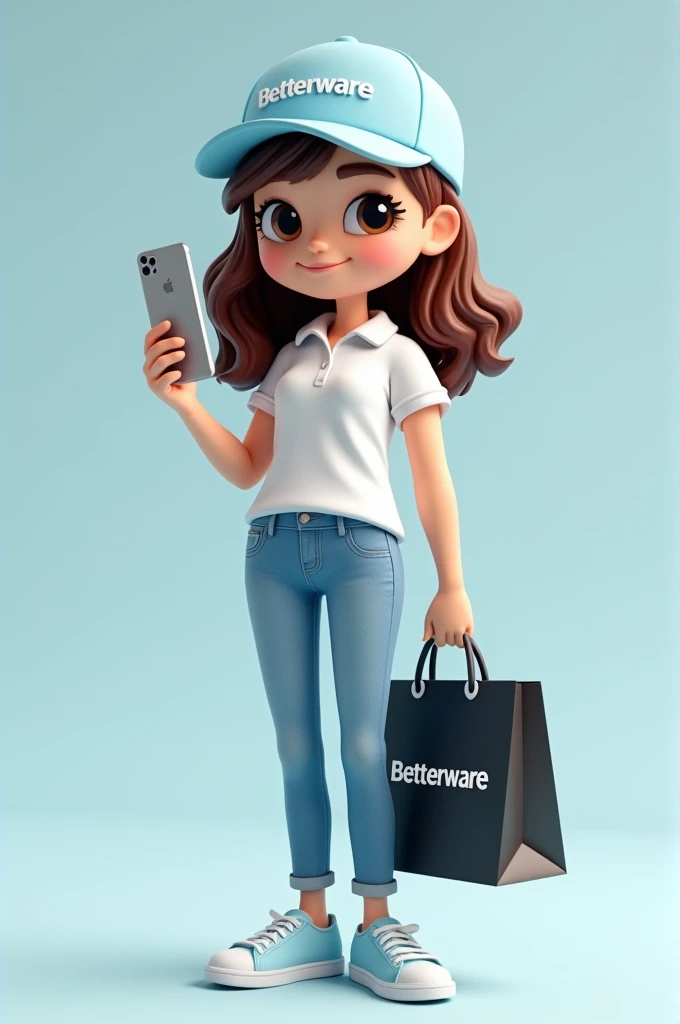 illustration 3d render, style Powerpuff Girl, with a light blue cap, with text white "Betterware". white blouse style polo, jeans, sneakers wavy short brown hair and smile. with an iphone in a hand and a black shopping bag say "Betterware"