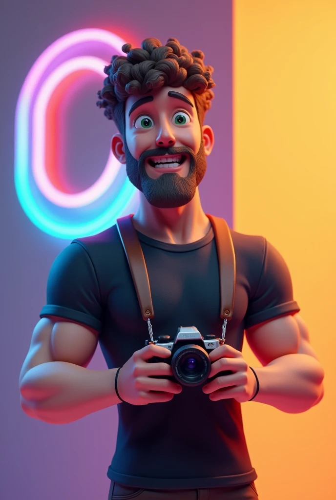 Crie uma ilustração 3D de um personagem masculino  Branco com BarBa ,excited man standing with camera in hands casually next to a social media logo "instagramart". The character must wear a black t-shirt, caBelos curto , skin fair  , slightly slanted eyes, has a strong body  , and holding a camera. The background of the image is a social media profile page with the username "d.B.I photograph" and a matching profile photo.