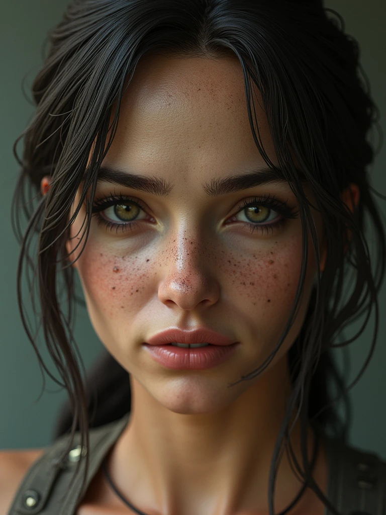 Delicated zoom portrait of Lara Croft from “Tom Raider (2013)”. Pale skin, hurted, voluptuous lips, delicated eyes, detailed hair, detailed skin, detailed portrait, realistic 4k ultra quality portrait