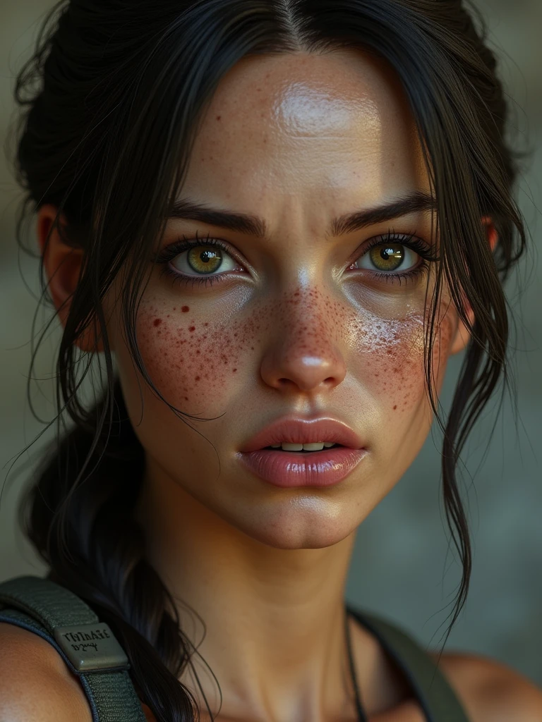 Delicated zoom portrait of Lara Croft from “Tom Raider (2013)”. Pale skin, hurted, voluptuous lips, delicated eyes, detailed hair, detailed skin, detailed portrait, realistic 4k ultra quality portrait