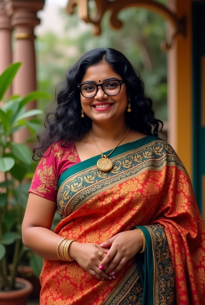 Indian plus size girl with glasses in saree