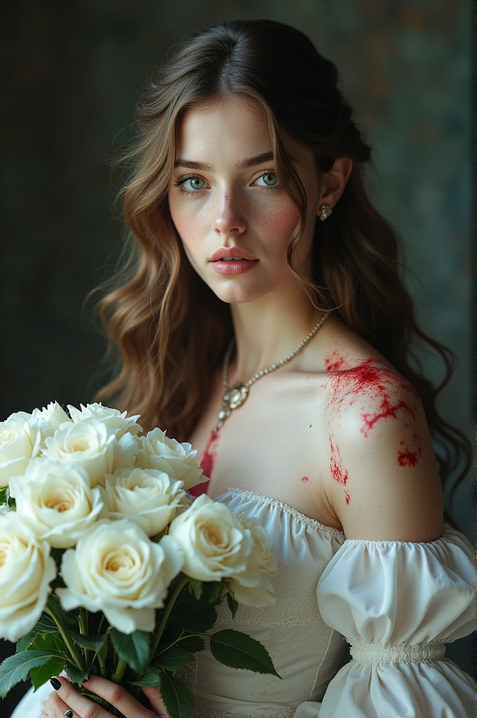 Aristocracy girl, with brown hair, blue eyes, White skin, holding white flowers, with blood stains. 
