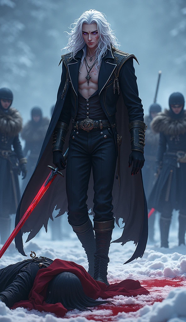 In a 8k ultra HD 90s anime style aesthetic, with a snowy night war background, create a full body image of a gorgeous man standing, one foot planted in the snow, another foot on a deceased man's chest, with long extra curly white hair and long bangs at the sides of his face, light freckles, sharp features and slanted half-closed glowing light purple eyes wearing a really fancy steampunk suit with straps, his chest area is open, neck-line shown, long black gloves, a frilled neck tie, black pants with black animal furs caping the back and side of his legs and knee-high strapped boots. He is holding a longsword, he is currently fighting other men in black armor, holding his sword towards them, other men fighting around him, with red snow at his feet/ boots. He has blood on his clothes. He has a long bloody scar going across his cheeks and nose.