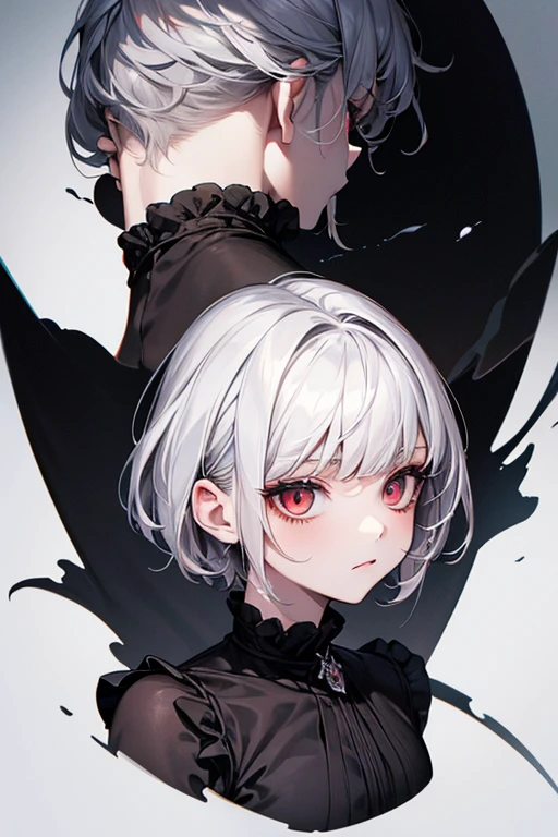 masterpiece, best quality, silver hair, pixie cut, black clothes, whole body, back, face detail, Pale red eyes, cat-like face, pretty girl, cuteness, 5 year old girl, hyundai