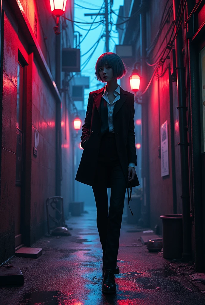 masterpiece, best quality, very aesthetic, absurdres by sadamoto yoshiyuki, 1girl, aged up walking in the alley short hair black suit white collar shirt wind perspective from below cyberpunk, neon