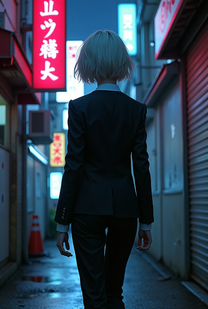 masterpiece, best quality, very aesthetic, absurdres by sadamoto yoshiyuki, 1girl, aged up walking in the alley short hair black suit white collar shirt wind perspective from below cyberpunk, neon