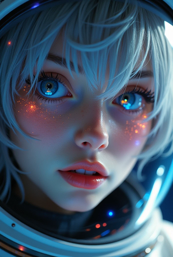 (Close-up of a better masterpiece:1.5)0.9], (Space and astronauts:1.2) (Messy silver hair:1.1) (Heterochromia xanthochromia and blue eyes:1.2) (Space Helmet:1.0) (Colored stars in the eyes:1.0) (A radiant glow:1.1) (thick lips:0.9)
