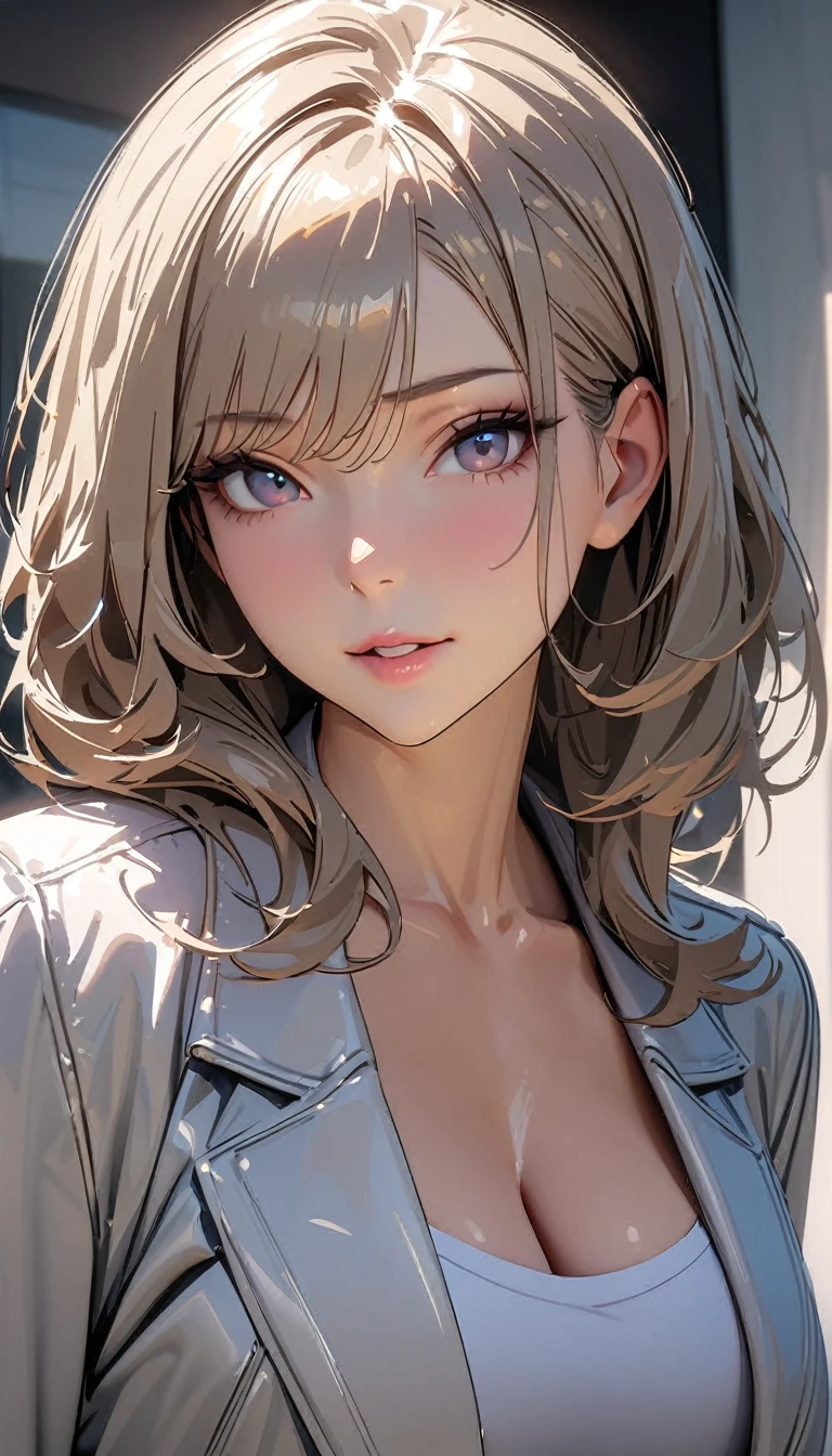 masterpiece , modern, Verism, masterpiece, super detail, best quality, 4K ,((Adult face)), woman,Wearing a white coat,Mature woman