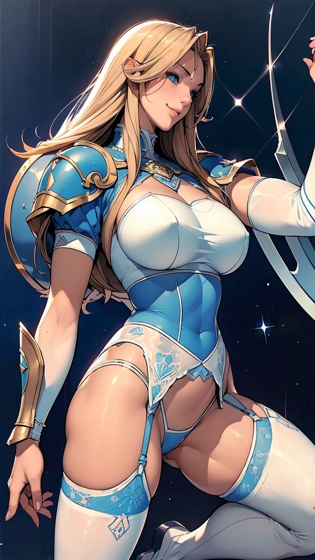 Browsing Caution,Sensual, Long blonde hair, Thick thighs, 8k, 4K, Highest quality, (High resolution:1.6), Cute anime face, Noise Reduction, (Sparkling Blue Eyes, A kind smile:1.3, Kind eyes:1.3)、Toned Abs, Muscular arms, Muscular legs,  Young Face, Anime Eyes, Sophitia Alexandra、(Sword in right hand:1.5)、(Equipped with a shield on the left arm:1.5)、(SFW Giant:1.9)、(Beautiful Nose:1.5)、Long tights、Knee-high boots、(garter belt:1.5)、Beautiful Hands、Beautiful fingers、(High cut thong:1.5),squatting, spread legs,