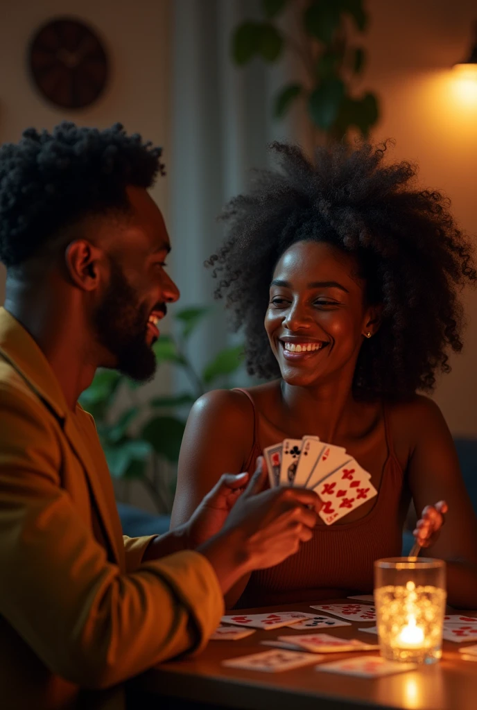 Black couple playing cards and laughing