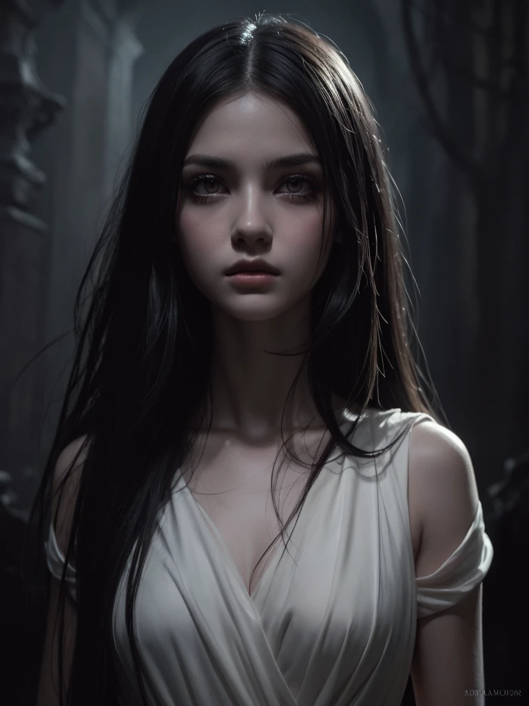 a young girl,walking on a dark path,detailed face, large eyes, full lips, beautiful skin, long hair, elegant dress, moody lighting, dramatic shadows, melancholy atmosphere, cinematic, chiaroscuro, muted colors, high contrast, digital painting, dark, shadow