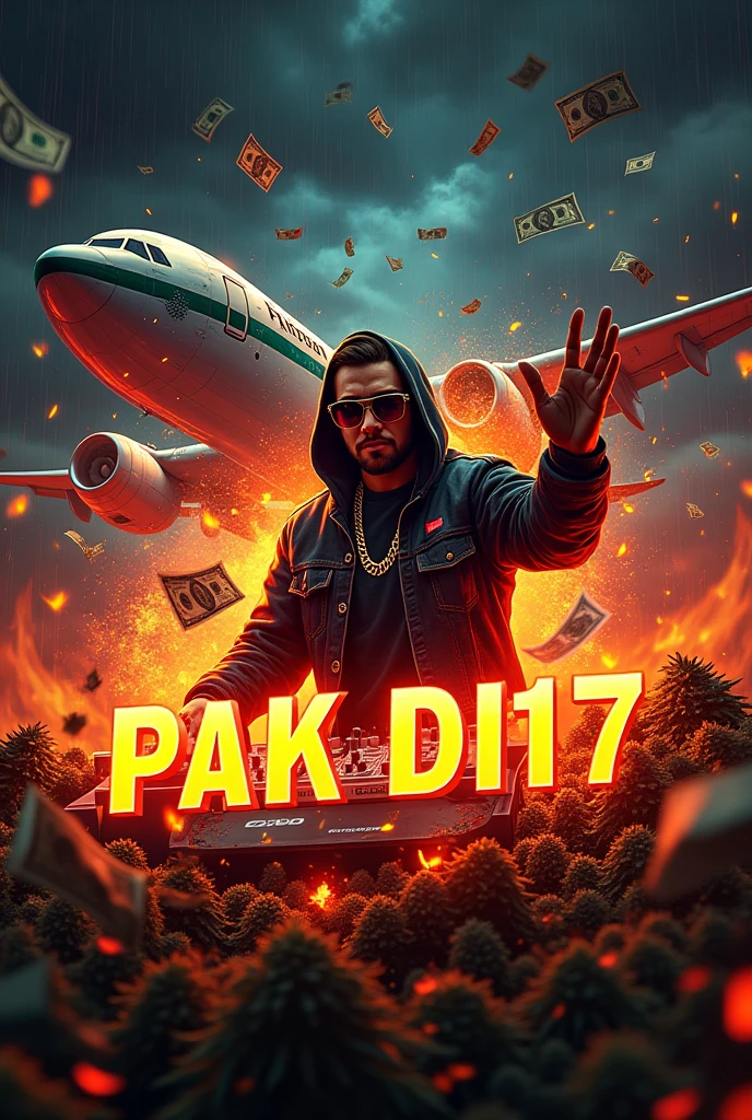 Dj Pak Logo$777 on fire around a plane full of money and marijuana herbs raining money