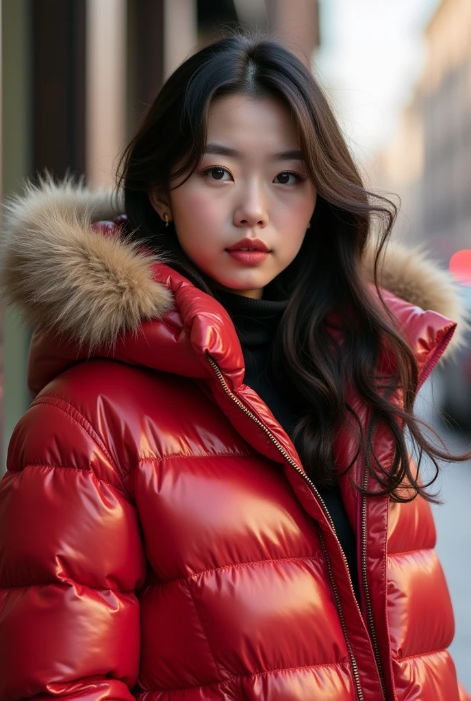 cute  Chinese woman,wearing a very large tight shiny puffer coat, thick eyebrows, photorealistic, masterpiece, moncler, fluffy fur hood, , wavy hair, large breasts, silk bra open coat, 