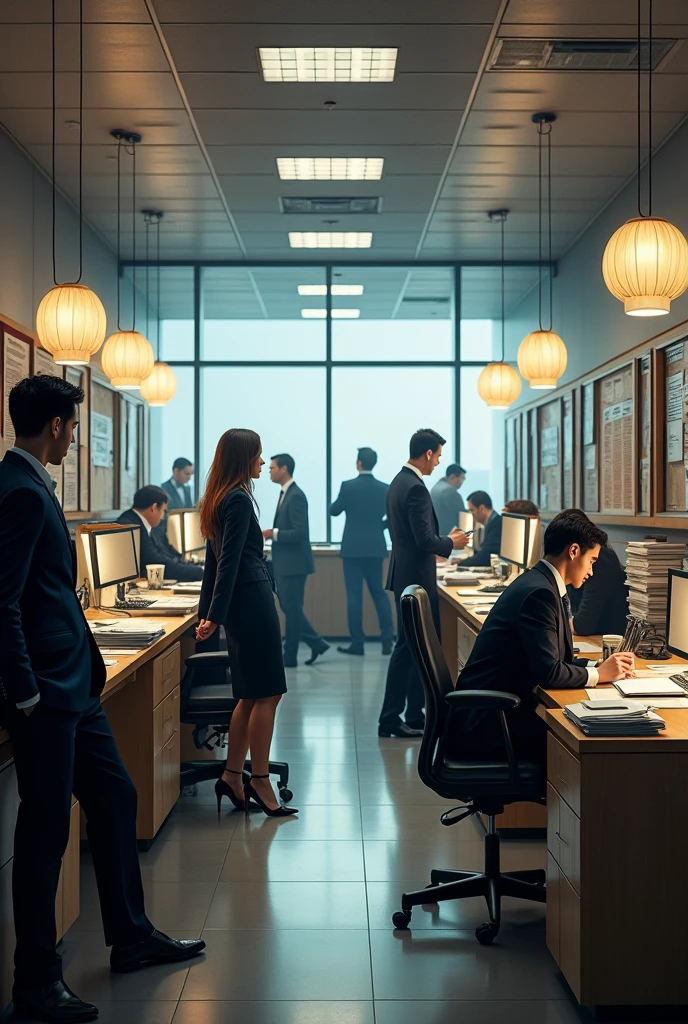 Office Building，office，desk，A lot of files，，Law firm，员工Work Scene，Suit tie，High heel，Work Scene，Various angles，Film Style