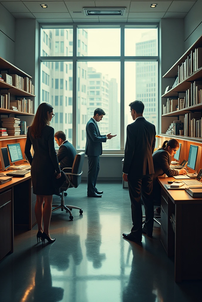 Office Building,office,desk,A lot of files,,Law firm,员工Work Scene,Suit tie,High heel,Work Scene,Various angles,Film Style