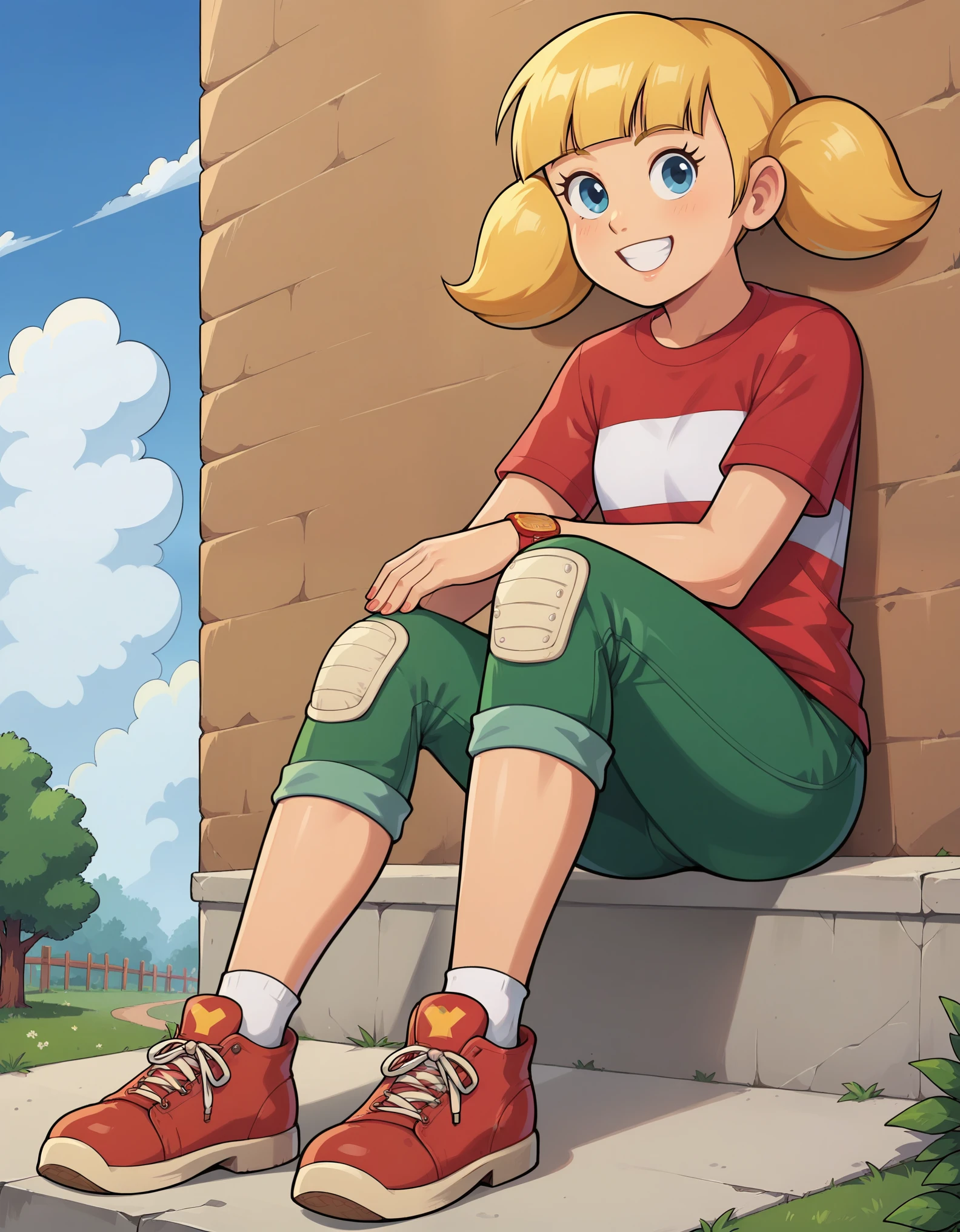 score_9, solo, penny_ig, blonde hair, twintails, red shirt, stripe, knee patch, outdoors, smile