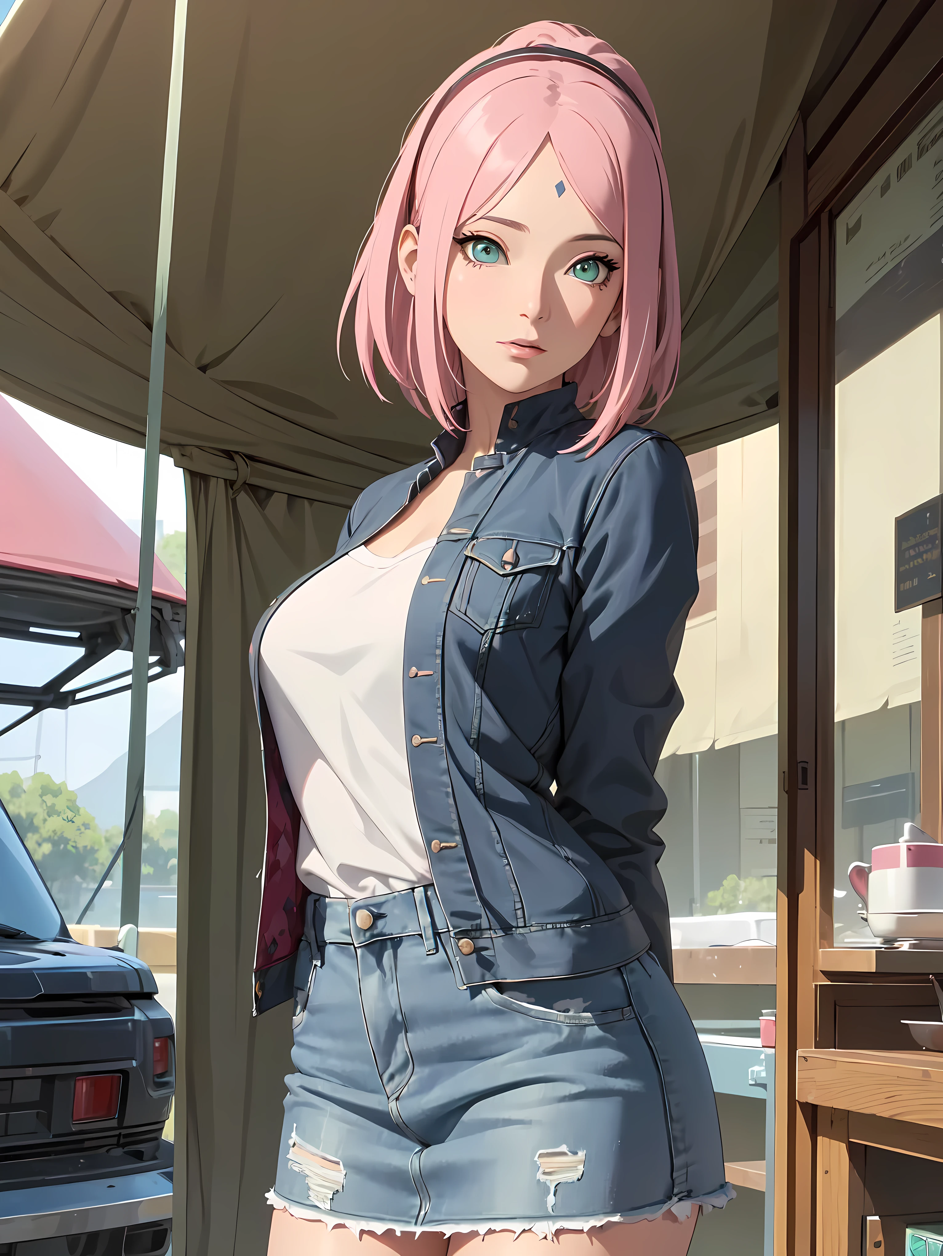 (best quality)), ((​masterpiece)), (detailled), perfect face((best quality)), ((​masterpiece)), (detailled), perfect face(best quality)), ((​masterpiece)), (detailled), perfect face(best quality)), ((​masterpiece)), (detailled), perfect face,stunning realistic, photorealistic, Photorealism, 1 girl sakura Haruno,pink hair, ponytail, green eyes,dark blue diamond on the forehead,standing in a tent,arms behind back,sexy body,middle large breasts,open jacket, denim skirt