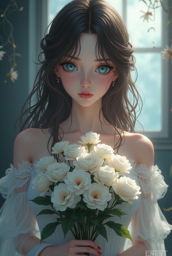Aristocracy girl, with brown hair, blue eyes, White skin, holding white flowers, with blood stains, anime.