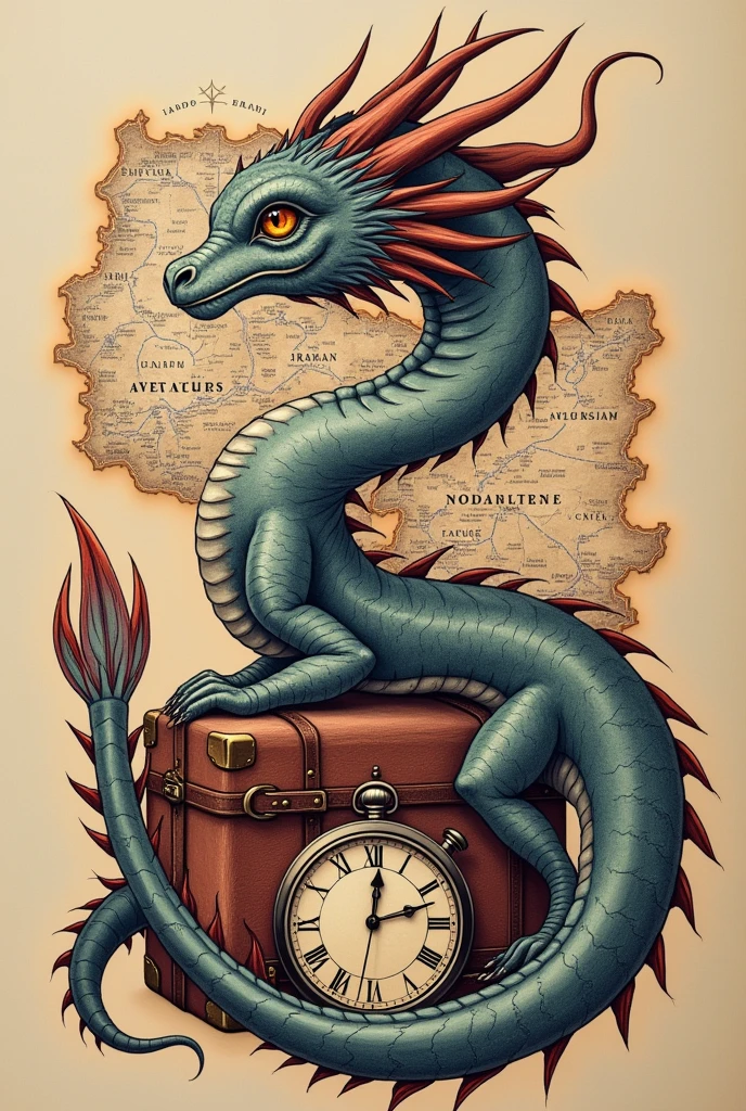 Fine line aesthetic dragon tattoo with a map of Venezuela, a suitcase and a compass and a watch with Roman numerals