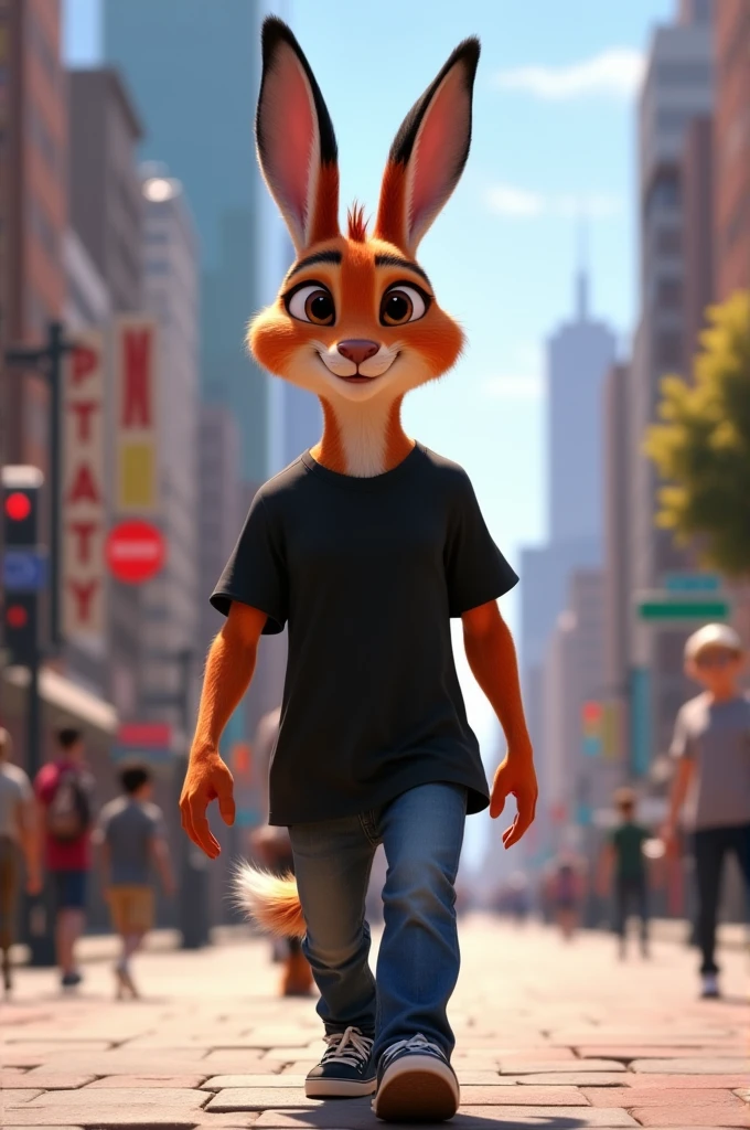 In Zootopia style The animal is a rabbit、The color is light brown、Clothes、Large black short sleeve t-shirt、My trousers were slightly loose jeans.、He is wearing black sneakers Walking in the city