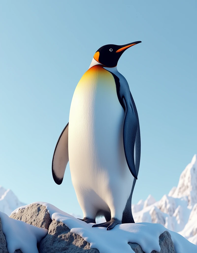 there is a penguin standing on top of a mountain with snow, Photorealistic", anthropomorphic penguin, Matte Painting, Matte Painting, inspired by Jean-Léon Gérôme, 3D Rendering and Matte Painting, Stunning photorealistic concept art, Incredibly detailed matte painting, Highly realistic concept art, Movie still 8k, Antarctica, penguin, penguin, 山の麓に米粒みたいに小さなpeople間が2people、巨大なpenguinを見上げている。