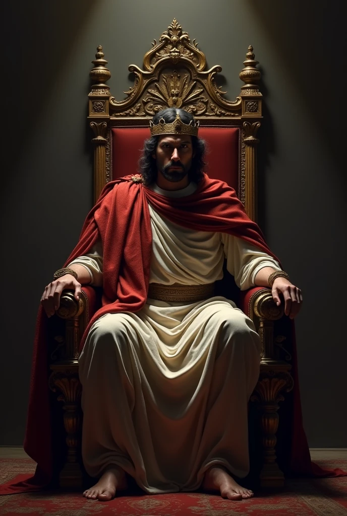 a king of ancient greece sitting on a throne in a dark room,detailed face expression,somber,dramatic lighting,ornate throne,detailed clothing,golden crown,regal,cinematic composition,dramatic shadows,chiaroscuro,digital painting
