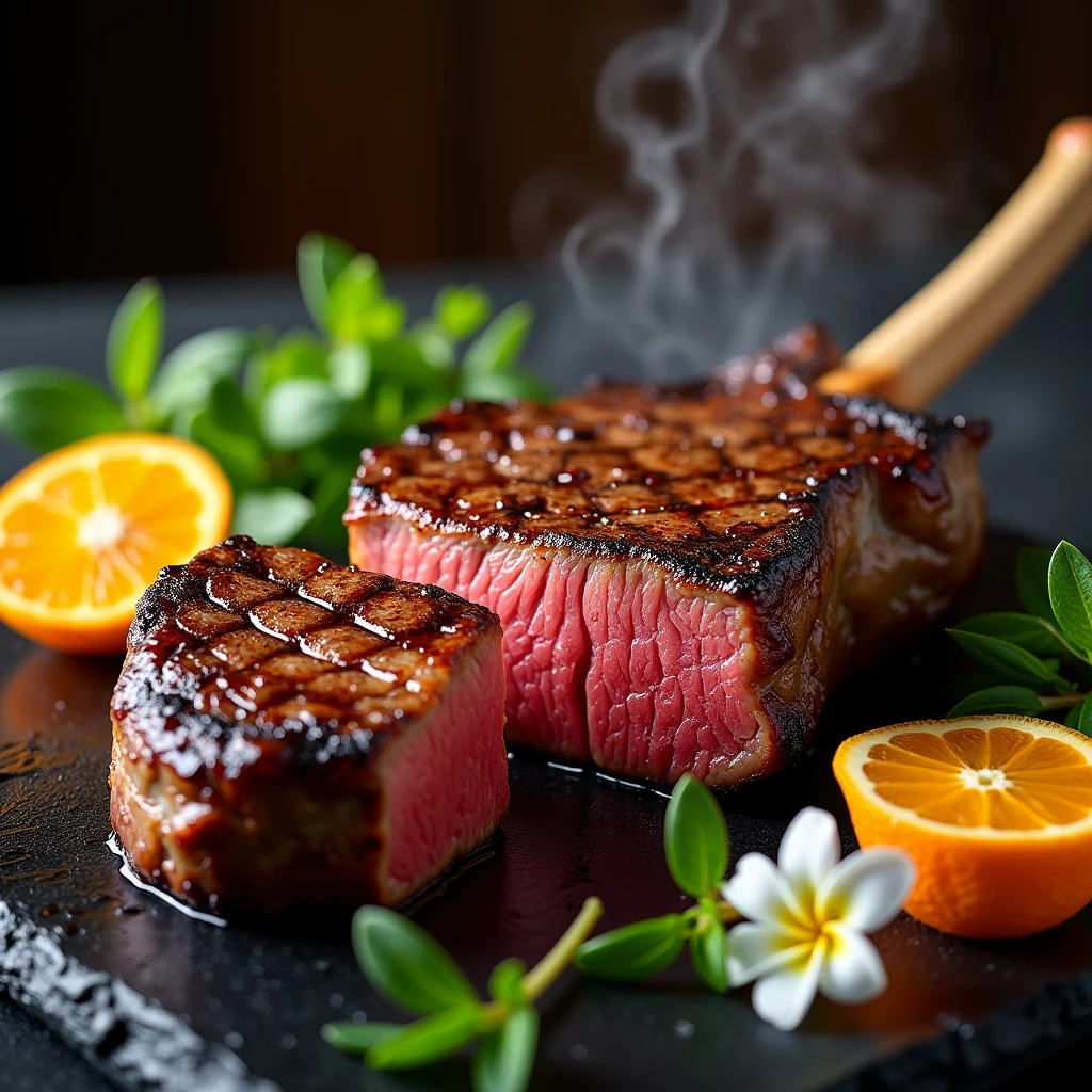 Advertisement for Japanese Tomahawk Steak，Steaming Tomahawk steak，There are some decorations next to it，Reflecting freshness, juiciness and bright color