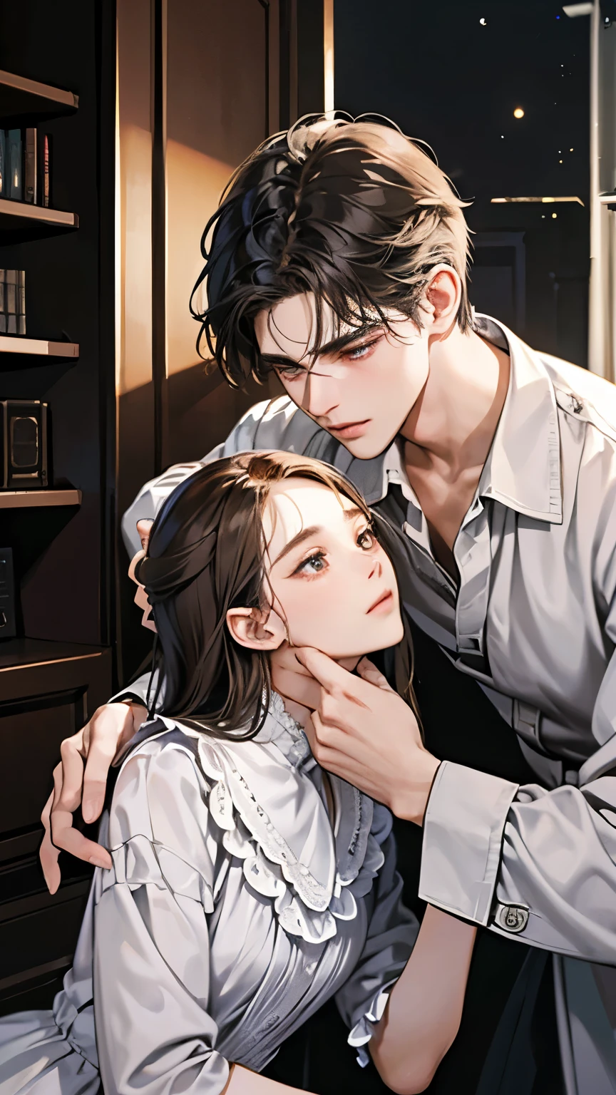 masterpiece, best quality, Practical, In the library of Alcott Manor，Alex and Nicholas share a quiet corner。A tradition of sharing book pages led Alex to《the art of love》Pass to Nicholas。When Nicholas read the verses，their relationship deepens，leading to an intimate kiss，Their emotions echoed in the silent night, (absurd, High resolution, Super detailed), facial details,Delicate and meticulous, 8K, Reality, Dramatic Lighting, high quality, Complex design, enlarged texture, Exquisite details
