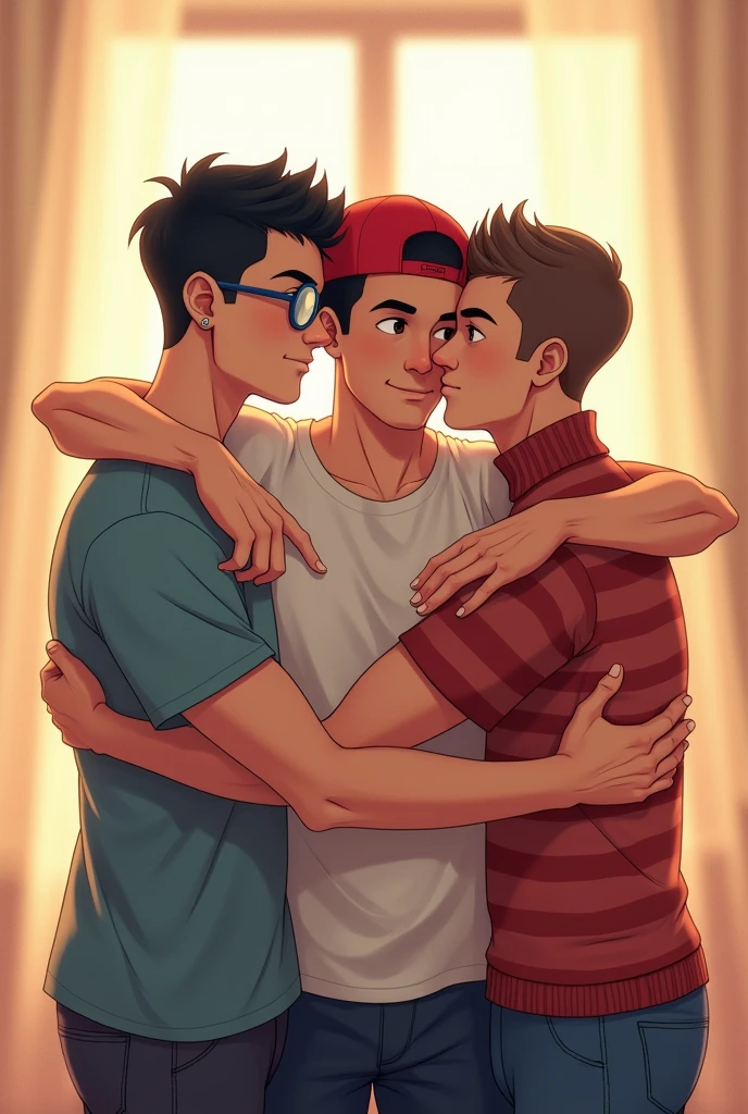 3 fit guys in love hugging eachother. anime style

1st is on the left, he is 5.8 feet tall, short haircut black hair, wearing earring and blue rounded glasses. 

2nd guy is in the middle, 6 feet tall, with very short hair with red cap backwards, and wears a rick and morty t-shirt. 

the 3rd guy on the right is the 5.7 feet tall with buzzcut brown hair wearing a red and white stripes long-sleeves turtle neck