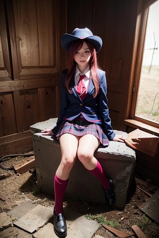 Realistic photo of 12 year old horned demon girl with very long red tipped hair wearing a catholic school uniform, blue plaid miniskirt, black bra, cowboy hat, pink socks, sitting on a tombstone in a haunted house at midnight