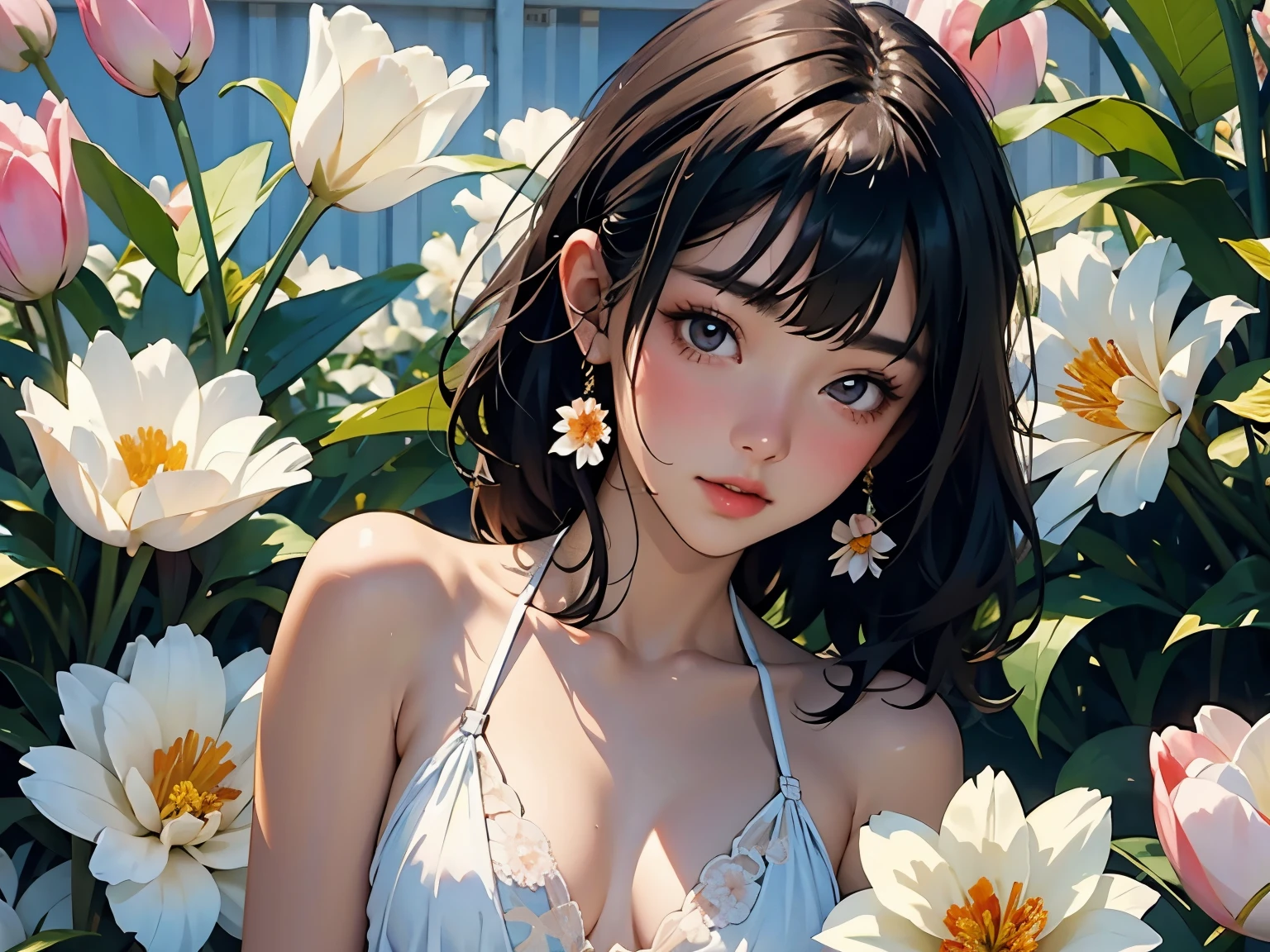 Very beautiful 17 year old girl, See through,(holding tulip flowers)、Glowing Skin, bright, Refreshing and gentle look, Perfect beautiful face、Beautiful shiny bangs, Small breasts,Lace Bikini,