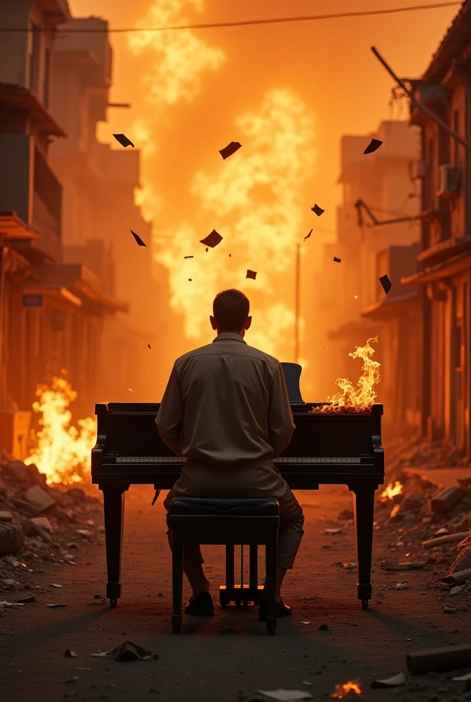 extreme long shot, a pianist with his back to the camera in the middle of a devastated street,lit by fire, playing a piano on fire, musical instruments catching fire around, a piano burning, sad eyes, dramatic eyes, Afghanistan war ambient, 14mm, highly detailed, pieces of paper burning falling through the air, realistic, explosions in background, depth of field, texture, ultra detailed clhothes and skin, cinematic, well lighting, canon photography, war photograpy, iconic, professional photography, award-winning photography, extreme wide shot, pieces of paper catching fire and falling around.